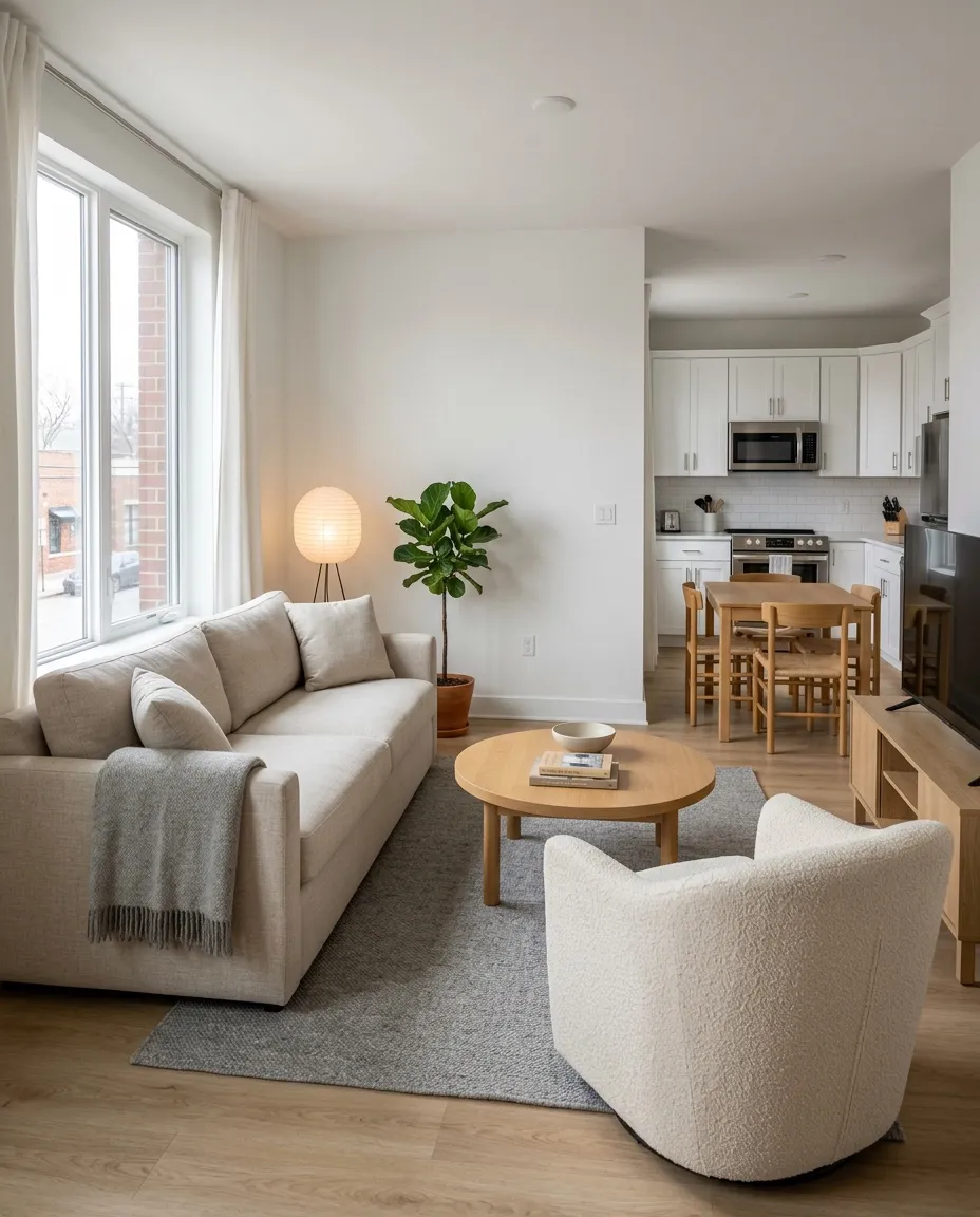 Sample render of the living room: an oatmeal linen sofa with a grey throw, a round oak coffee table on a grey wool rug, a cream boucle armchair, an oak media console, a paper floor lamp, a fiddle-leaf fig and an oak dining table with four chairs by the kitchen.